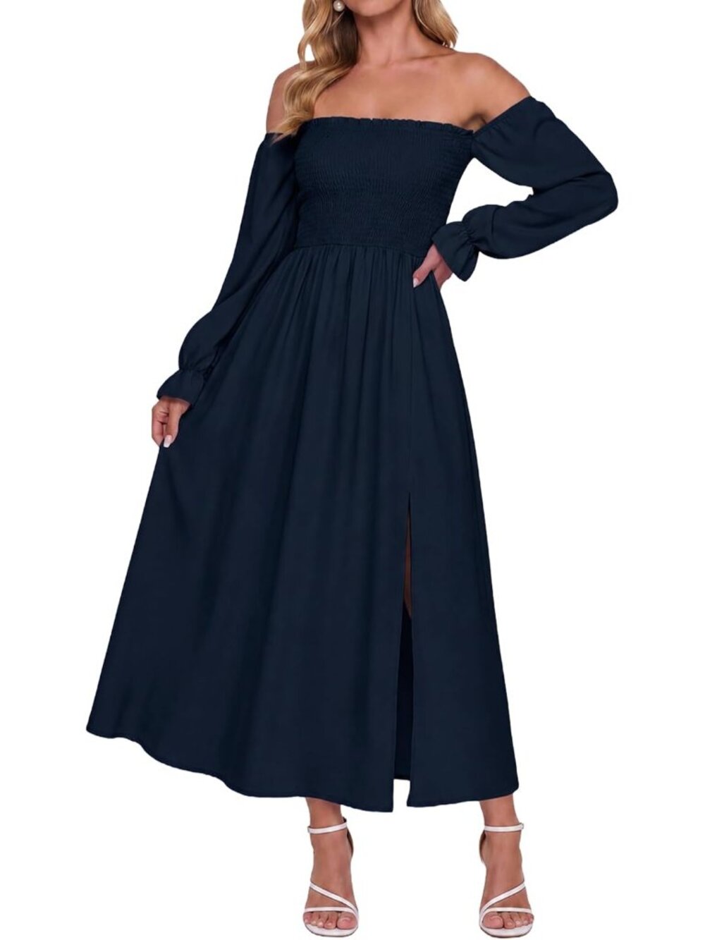 Women's Navy Blue Off Shoulder Long Sleeve Boho Flowy Wedding Guest Maxi Dress